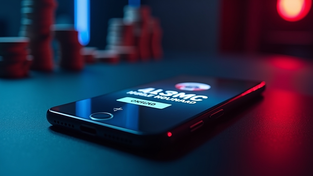 Smartphone zeigt einen mobilen Casino-Download auf dunklem Spieltisch