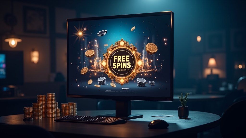 Freispiele und No-Deposit-Symbolik vor dunklem Casino-Hintergrund