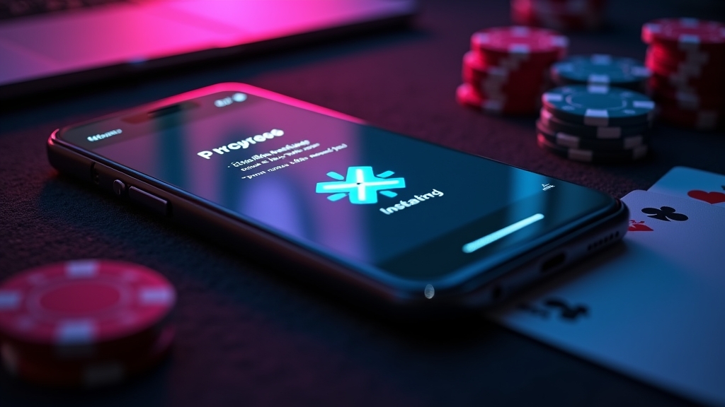 Smartphone mit Installationsbildschirm im dunklen Casino-Ambiente